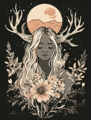 Sticker - A woman with antlers and long white hair, surrounded by flowers, under a full moon and a starry sky.