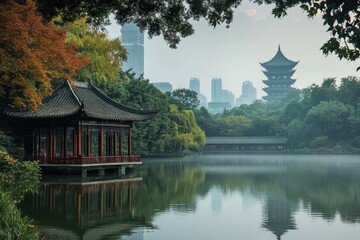 Wall Mural - A serene landscape with a traditional pavilion by the water. The trees show vibrant fall colors. A distant pagoda stands tall. Urban skyline adds a modern touch. Generative AI