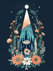 Sticker - A stylized illustration of a mountain range with a full moon and a starry night sky above, surrounded by a wreath of flowers and leaves.