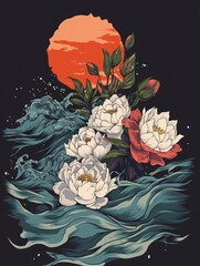 Canvas Print - A digital illustration of white and pink peonies on a wave with a red sun in the background.