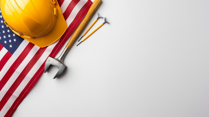 Wall Mural - Concept, happy Labor Day. The American flag features several building tools against a white background, along with text copy space.