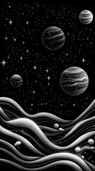 Poster - A black and white illustration of a starry night sky with four planets and a wavy landscape in the foreground.