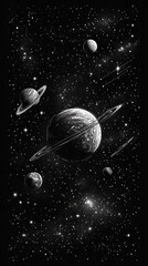 Poster - A black and white illustration of a solar system with multiple planets, stars, and a galaxy in the background.