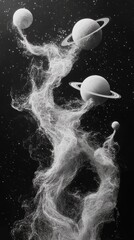 Wall Mural - Three white planets with rings appear to be swirling in a white cloud in a dark, starry universe.