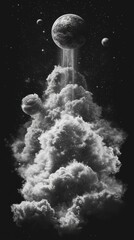 Sticker - a surreal, black and white image of a planet above a large cloud formation, with stars and other cel