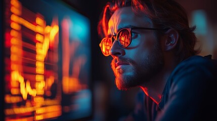 Focused Man in Glasses Looking at Data on Screen