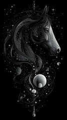 A horse's head with a celestial background. The horse is depicted in a minimalist style