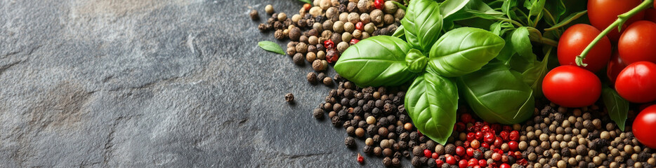 A rustic wooden background with scattered basil leaves, pepper and red tomatoes