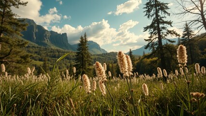 Wall Mural - Tall grass and wildflowers bloom in front of a mountain range.