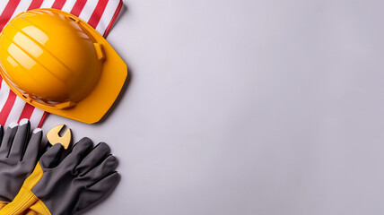 Wall Mural - Concept, happy Labor Day. The American flag features several building tools against a white background, along with text copy space.