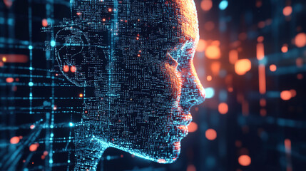 Abstract representation of artificial intelligence, digital face made of code and data, with glowing matrix in the background, the fusion of technology and human cognition in the development of AI.