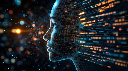 Abstract representation of artificial intelligence, digital face made of code and data, with glowing matrix in the background, the fusion of technology and human cognition in the development of AI.