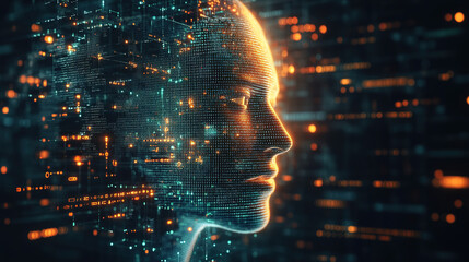 Wall Mural - Abstract representation of artificial intelligence, digital face made of code and data, with glowing matrix in the background, the fusion of technology and human cognition in the development of AI.