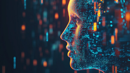Abstract representation of artificial intelligence, digital face made of code and data, with glowing matrix in the background, the fusion of technology and human cognition in the development of AI.