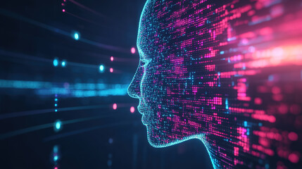 Abstract representation of artificial intelligence, digital face made of code and data, with glowing matrix in the background, the fusion of technology and human cognition in the development of AI.