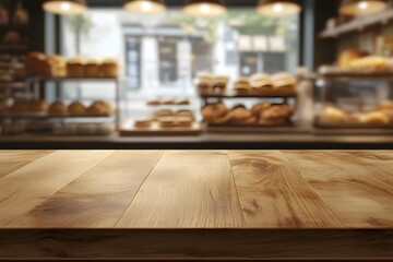 Poster - Empty wooden table top with a blurred background of a bakery shop interior for product display montage