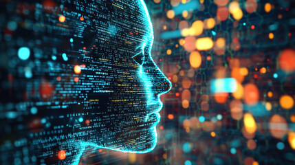 Abstract representation of artificial intelligence, digital face made of code and data, with glowing matrix in the background, the fusion of technology and human cognition in the development of AI.