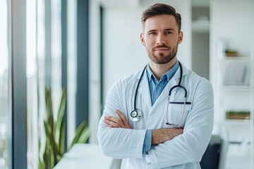 Wall Mural - Portrait of handsome young male doctor in white coat and stethoscope standing in office