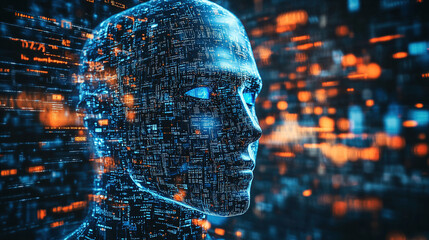 Abstract representation of artificial intelligence, digital face made of code and data, with glowing matrix in the background, the fusion of technology and human cognition in the development of AI.