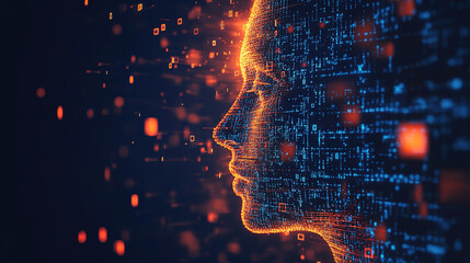 Abstract representation of artificial intelligence, digital face made of code and data, with glowing matrix in the background, the fusion of technology and human cognition in the development of AI.