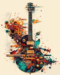 Wall Mural - a vibrant, abstract illustration of a guitar, surrounded by colorful gears, cogs, and splashes of pa