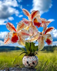 Wall Mural - A white and red flower sitting on top of a tree stump