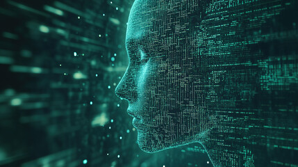 Abstract representation of artificial intelligence, digital face made of code and data, with glowing matrix in the background, the fusion of technology and human cognition in the development of AI.