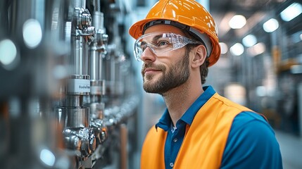 Industrial Expertise: A focused engineer in safety gear inspects machinery in a bustling factory, showcasing precision and skilled labor in an industrial setting. 