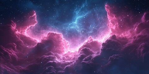 Dreamy Pink and Blue Clouds Under Starry Night Sky and Galaxy, Vibrant Cosmic Nebula in Deep Space with Stars and Galaxies Across the Universe