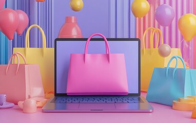 Vibrant digital shopping scene featuring colorful bags and playful decorations, perfect for online retail themes.