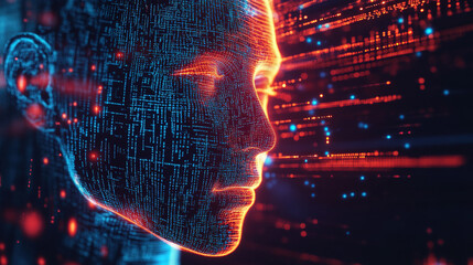 Abstract representation of artificial intelligence, digital face made of code and data, with glowing matrix in the background, the fusion of technology and human cognition in the development of AI.