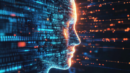 Abstract representation of artificial intelligence, digital face made of code and data, with glowing matrix in the background, the fusion of technology and human cognition in the development of AI.