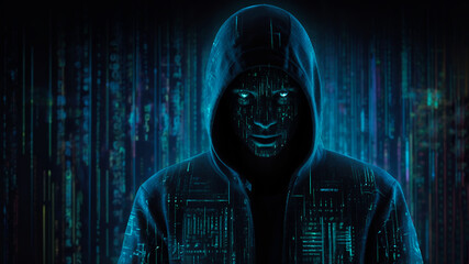 Anonymous binary code hacker under the jacket hood with generative ai technology. Cybersecurity concept