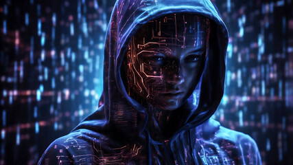 Anonymous binary code hacker under the jacket hood with generative ai technology. Cybersecurity concept