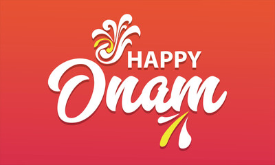 Wall Mural - Happy Onam handwritten text. Hand lettering, modern brush ink calligraphy on colorful abstract background. Indian festival.  holiday . Typography design for card, poster, banner,  Vector  illustration