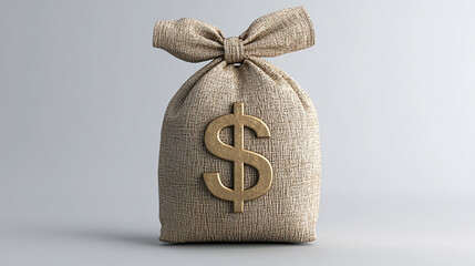 Realistic 3D render of a money bag with a golden dollar sign, symbolizing high value and financial growth