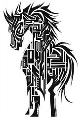 Sticker - A stylized black and white illustration of a horse with a mechanical, geometric design.