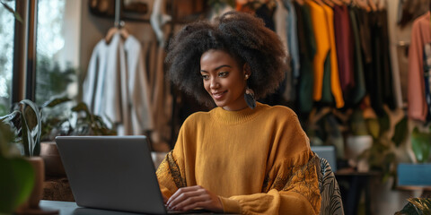 A woman is sitting at a table with a laptop open in front of her. She is wearing a yellow sweater and smiling. The scene suggests a casual and comfortable atmosphere