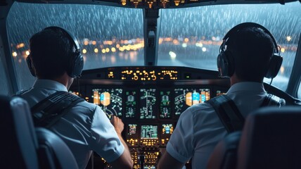 Cockpit view with pilots flying an airplane through rain at night, showing instruments and modern controls.