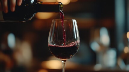 A closeup of rich red wine being poured into a glass, enhancing a sophisticated dining atmosphere