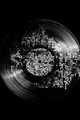 Sticker - A black vinyl record with a digital pattern on it, against a black background.