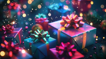 Wall Mural - colorful gift boxes with ribbons and bows on dark background