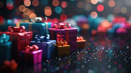 Wall Mural - colorful gift boxes with ribbons and bows on dark background