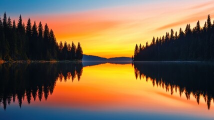 Serene lake at sunset reflecting vibrant orange and blue hues, surrounded by tall evergreen trees and a calm atmosphere.