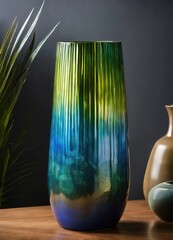 Wall Mural - Colorful Decorative glass vase with green and blue pattern on the table. Close up. ai generative