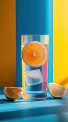 Sticker - A glass of water with an orange slice and ice cubes, with two lemon halves in the foreground, all on a blue surface.