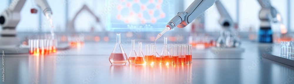 Futuristic laboratory with robotic arms conducting experiments with ...