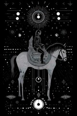 Wall Mural - a figure in a hooded cloak riding a white horse, with a celestial background of stars, moons, and ot