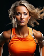 Wall Mural - portrait of a blonde woman runner wearing an orange top on black background