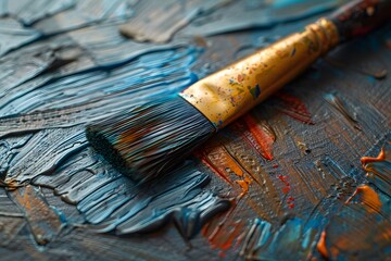 Close-Up of a Paintbrush on a Vibrant, Textured Canvas